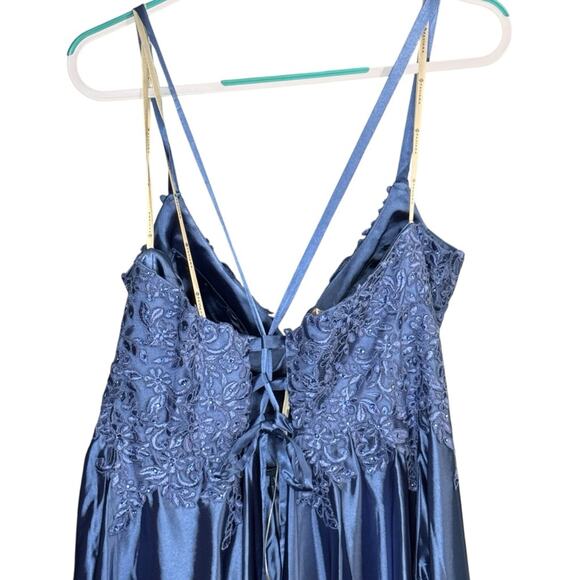 Faviana 9498 Blue Satin Formal Gown – Size 18 – Beaded Bustier & Corset Back NWT - Picture 13 of 15